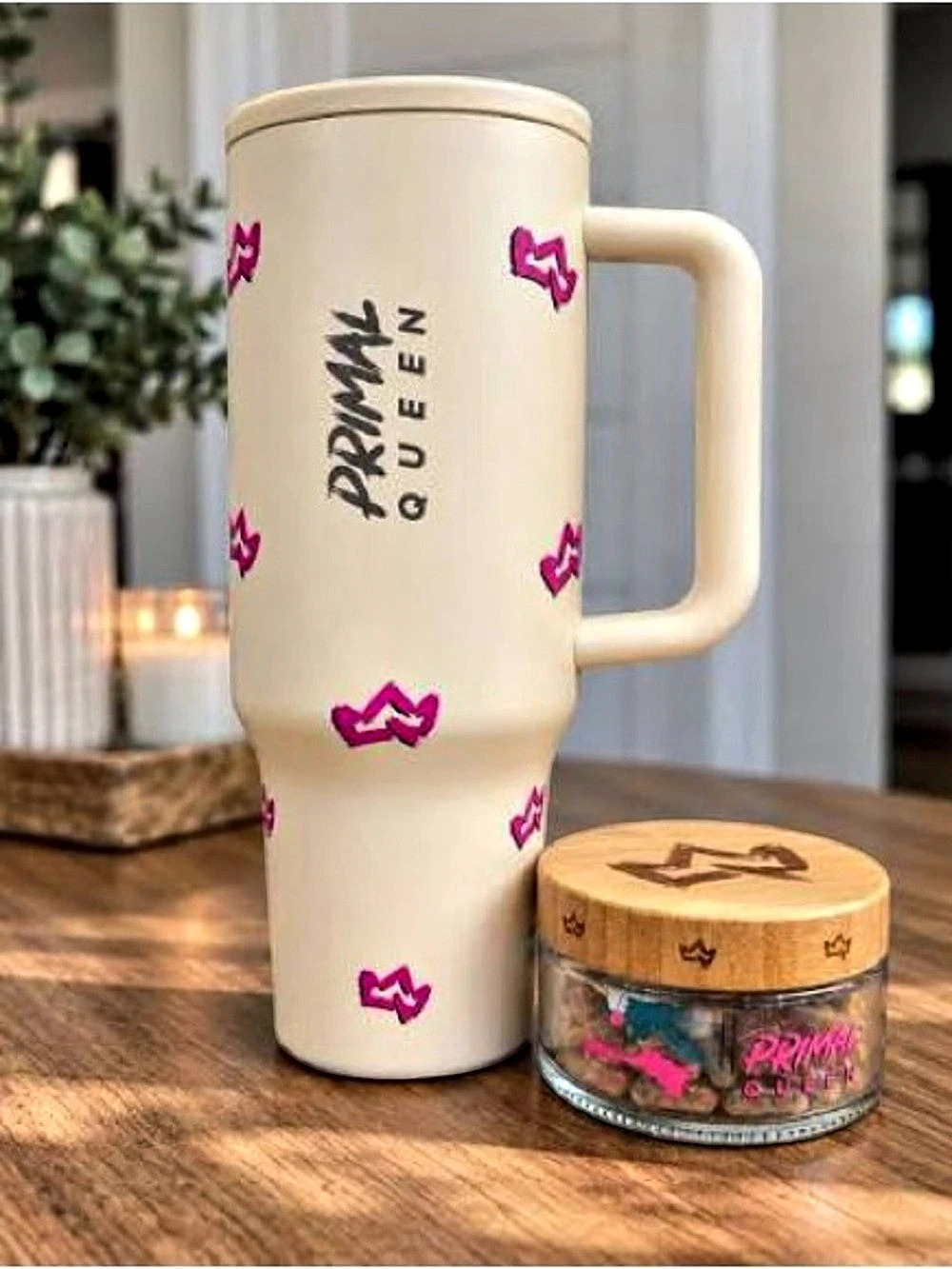 Primal Queen 40oz Tumbler Cream & Pink with Lid and Straw